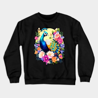 A Cute Peacock Surrounded by Bold Vibrant Spring Flowers Crewneck Sweatshirt